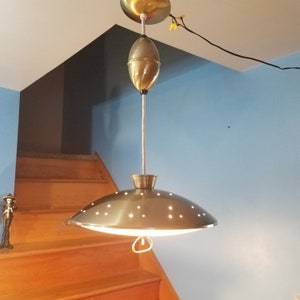 Retro 1970's Flying Saucer Pull Down Light Fixture, New Old Stock, Metallic Avocado Green Retracting Ceiling Light