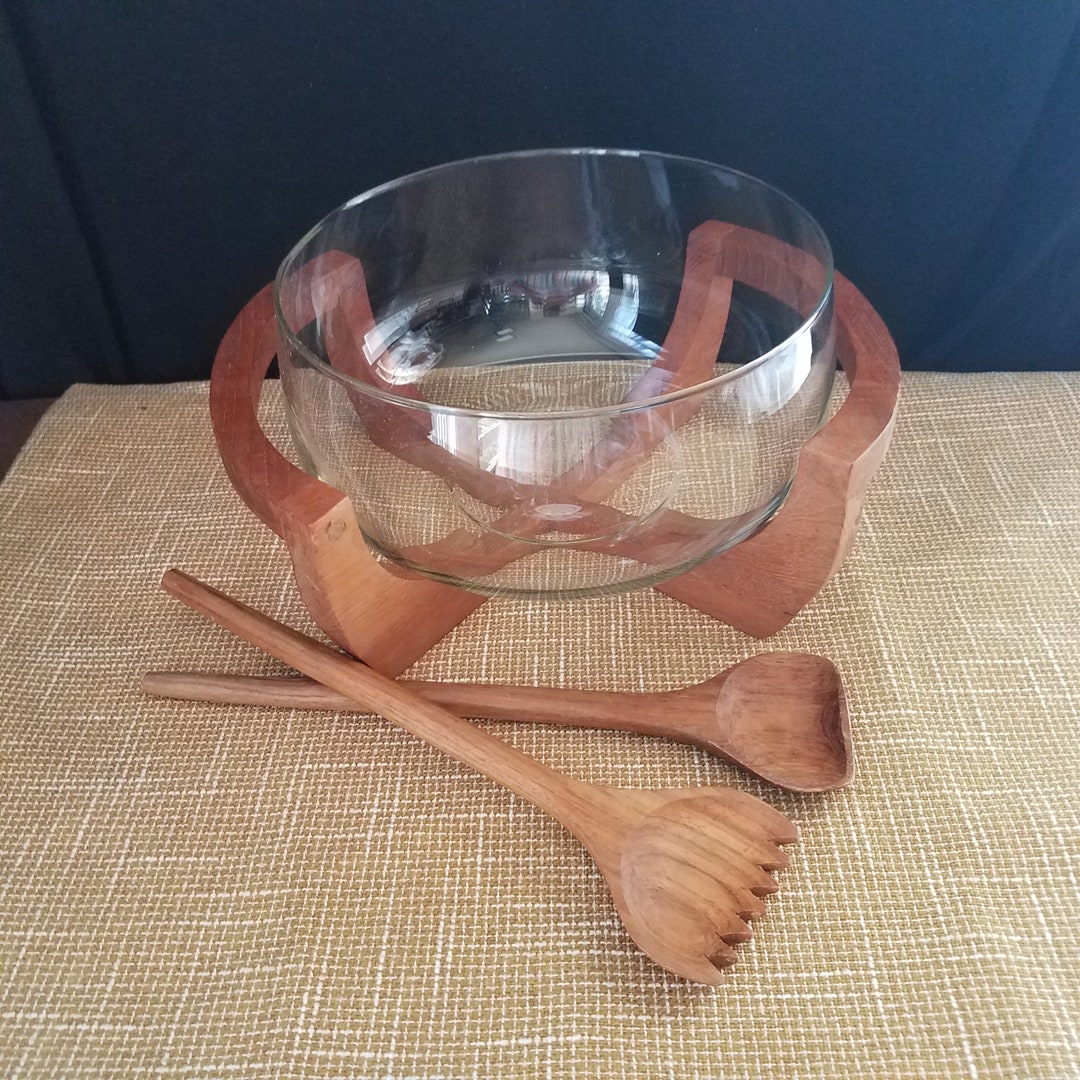 Vintage Glass Salad Bowl With Teak Stand and Salad Server Set Etsy