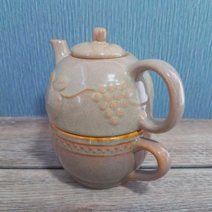 Rustic Natures Harvest Tea For One Set,  Personal Teapot Set, Grape Leaf Design