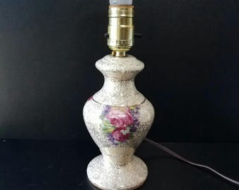 Small Ceramic Table Lamp with Roses and Violets, 9.5 Inch Bedroom Lamp, Made in Yugoslavia