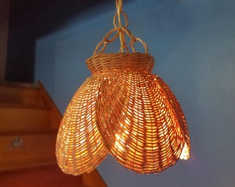 Vintage Plug in Wicker Swag Lamp with Wicker Chain, 9 Inch Small Wicker Swag Pendant Light, New Wiring