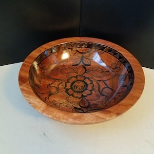 Vintage Hand Turned Hand Painted Folk Art Wooden Bowl, Birds Roses and Grapes Painted 12 Inch Bowl
