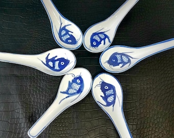 Set of 6, Cobalt Blue Koi Fish Porcelain Soup Spoons