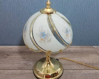 Dainty 3 Way Touch Lamp With Blue Flowers, Small 10 Inch Bedside Touch Lamp