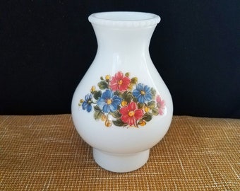 Vintage Milk Glass Chimney with Pretty Red and Blue Flowers, 3 Inch Fitter, Heavy Glass Hurricane Chimney