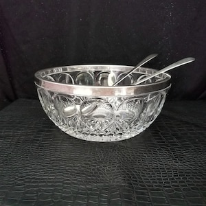 Vintage Lead Crystal Salad Bowl with Silver Plated Rim and Silver Plated Serving Set, Sheffield England