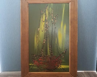 Retro 1970's Panel Wall Art, Ghost Ship, Spanish Revival MCM Drip Art