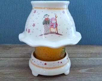 Whimsical Snowman Jar Candle Shade With Base, Christmas Snowpeople  2 Piece Ceramic Candle Lamp Set