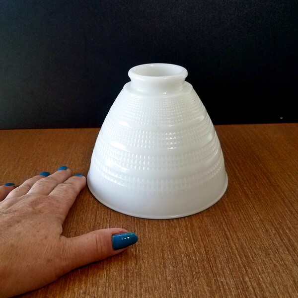 Vintage Small Striped Waffle Pattern Milk Glass Reflector Shade, 2.25 Inch Fitter, Corning, Replacement Torchier Stiffel Shade