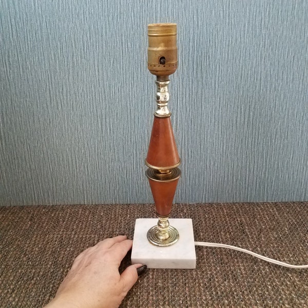 Small Mid Century Table Lamp, Italian Marble Base and Walnut Wood,  Vintage Bedside Lamp, 12.25 Inches Tall