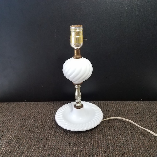 Vintage 1960s Swirled White Glass Boudoir Lamp with Ring Holder Base, Small Glass Lamp, MCM Bedside Lamp