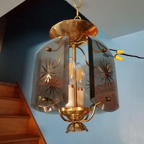 Vintage Smokey Acrylic Panel Ceiling Pendant Light, Starburst Design, 80's Ceiling Light