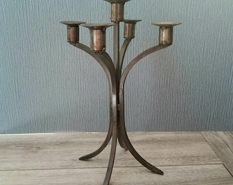 Brutalist Hand Forged 5 Arm Candelabra, 14 Inch Steel Candelabra