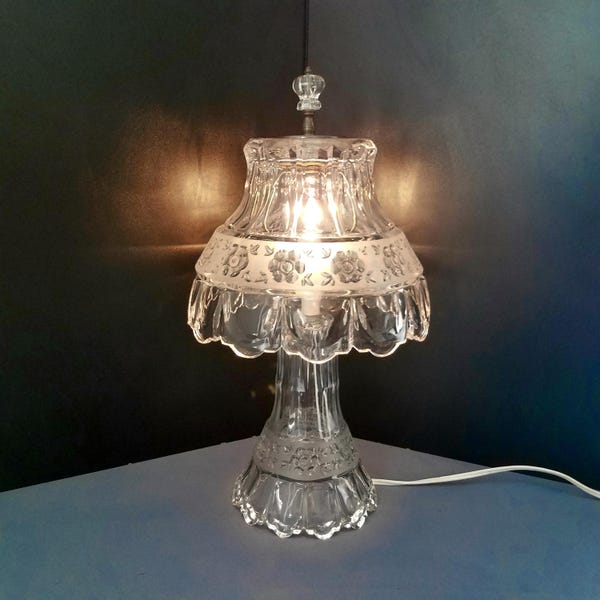 Crystal Night Light Lamp, Floral Design Frosted and Clear Crystal Accent Lamp, Vanity Boudoir Lamp