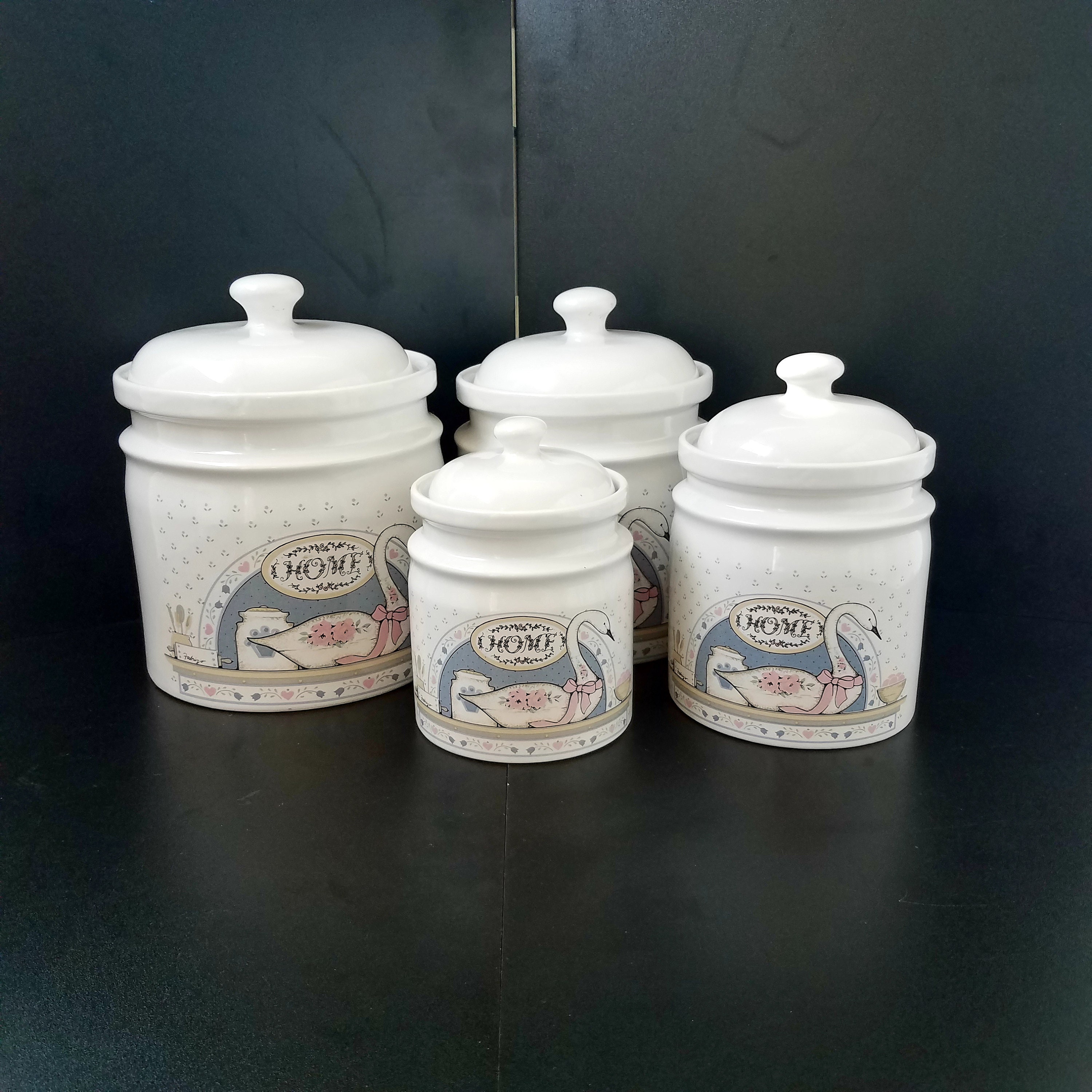Vintage 80's Country Goose Canister Set, Bow Goose Kitchen Crocks