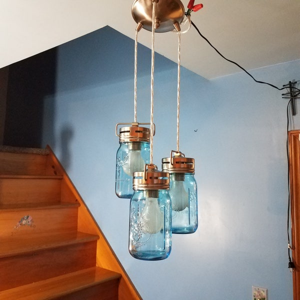 Trio of Blue Mason Jars Hanging Pendant Light, Country Mason Jar Cluster Chandelier