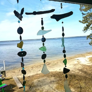 Beautiful Beach Glass, Driftwood And Beach Stone Sun Catcher.  Greens and Amber Glass Garland.  Garden Decoration.  Beach Art.
