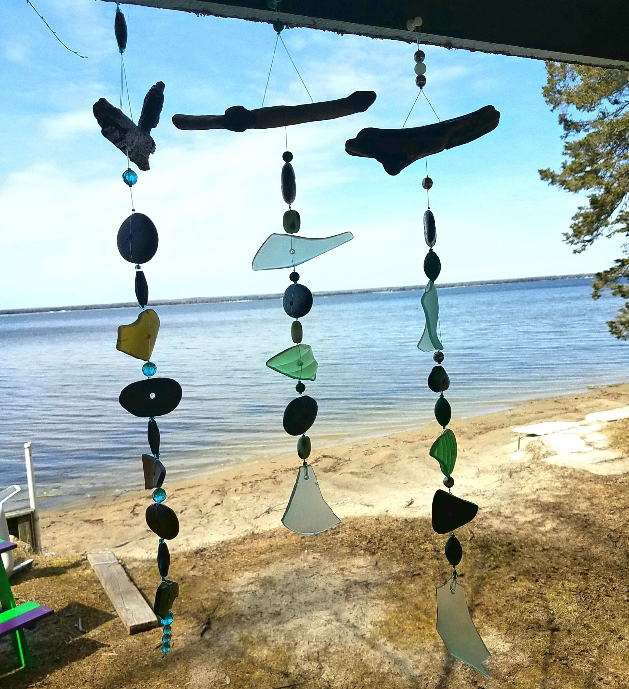 Beautiful Beach Glass, Driftwood And Beach Stone Sun Catcher.  Greens and Amber Glass Garland.  Garden Decoration.  Beach Art.