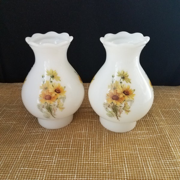 One Vintage Milk Glass Chimney with Yellow Daisies, 3 Inch Fitter, Glass Hurricane Chimney