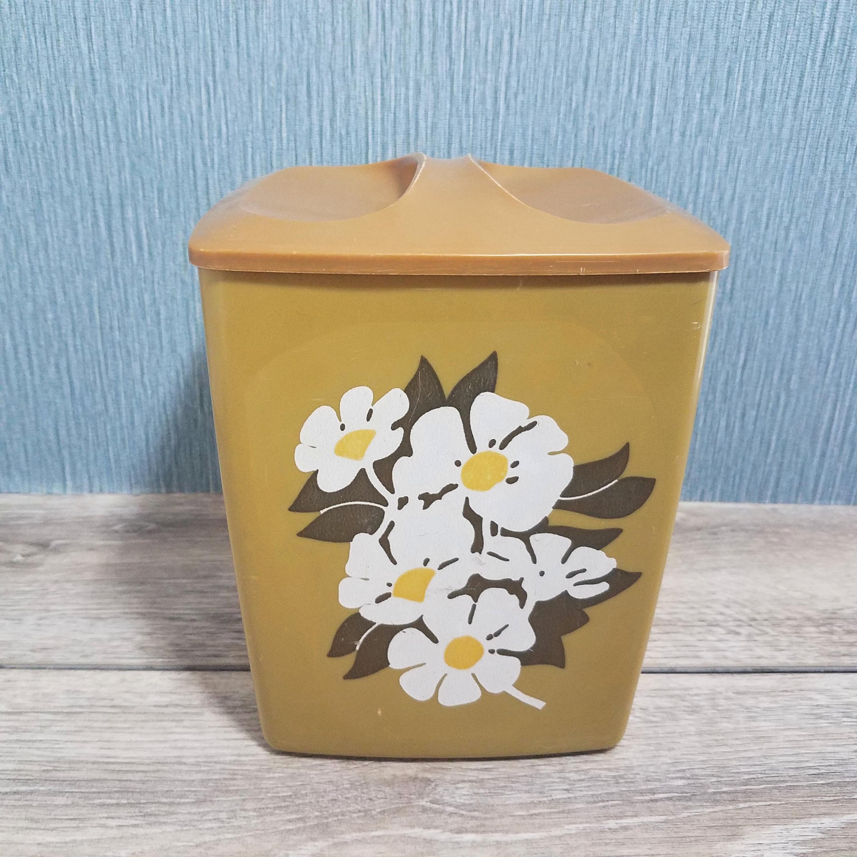 Vintage 1970's Harvest Gold Plastic Canister With White Flowers