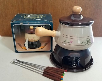 80's Retro Large Fondue Pot,  Alcohol Burner Fondue Pot, Brown Tan and Pink Flowers Enamelware, Emergency Cooker