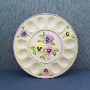 Pretty Pansy Deviled Egg Plate, 12 Space Ceramic Deviled Egg Tray, Pastel; Green Easter Egg Plate