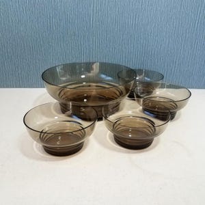 Smokey Brown Glass Salad Bowl Set, Tawny Brown Glass Serving Bowl and Salad Bowls