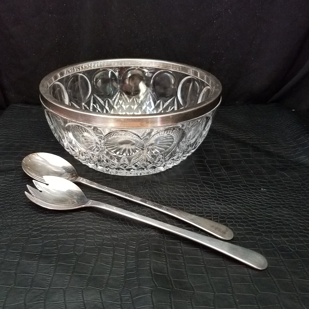 Vintage Lead Crystal Salad Bowl With Silver Plated Rim and Silver