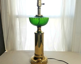Vintage Emerald Green Glass and Gold Tone Table Lamp,  Table Lamp, Reduced Shipping Available