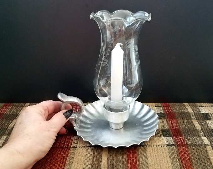 MCM Aluminum Candlestick Holders With Glass Hurricane Shades
