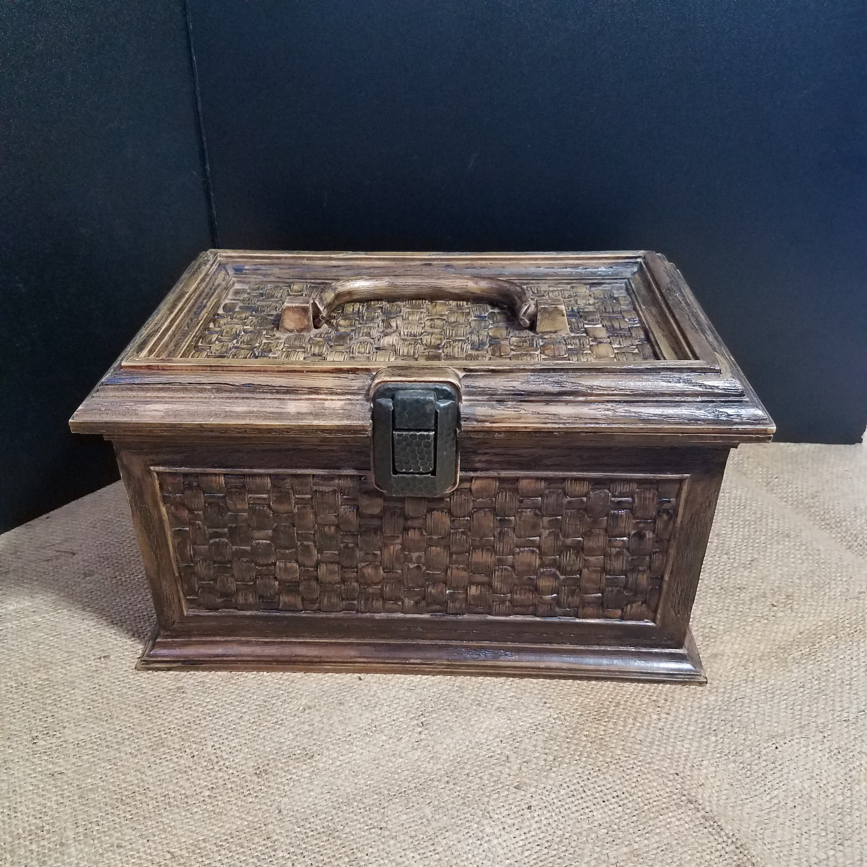 Vintage Antique Wooden Sewing Box With 2 Flip Down Lids and Carry Handle