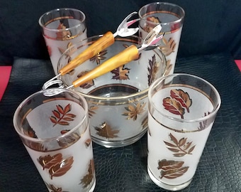 Set of 4 Frosted Gold Leaf Glasses, Ice Bucket and Bakelite Ice Tongs, MCM 1960s Golden Foliage Cocktail Set