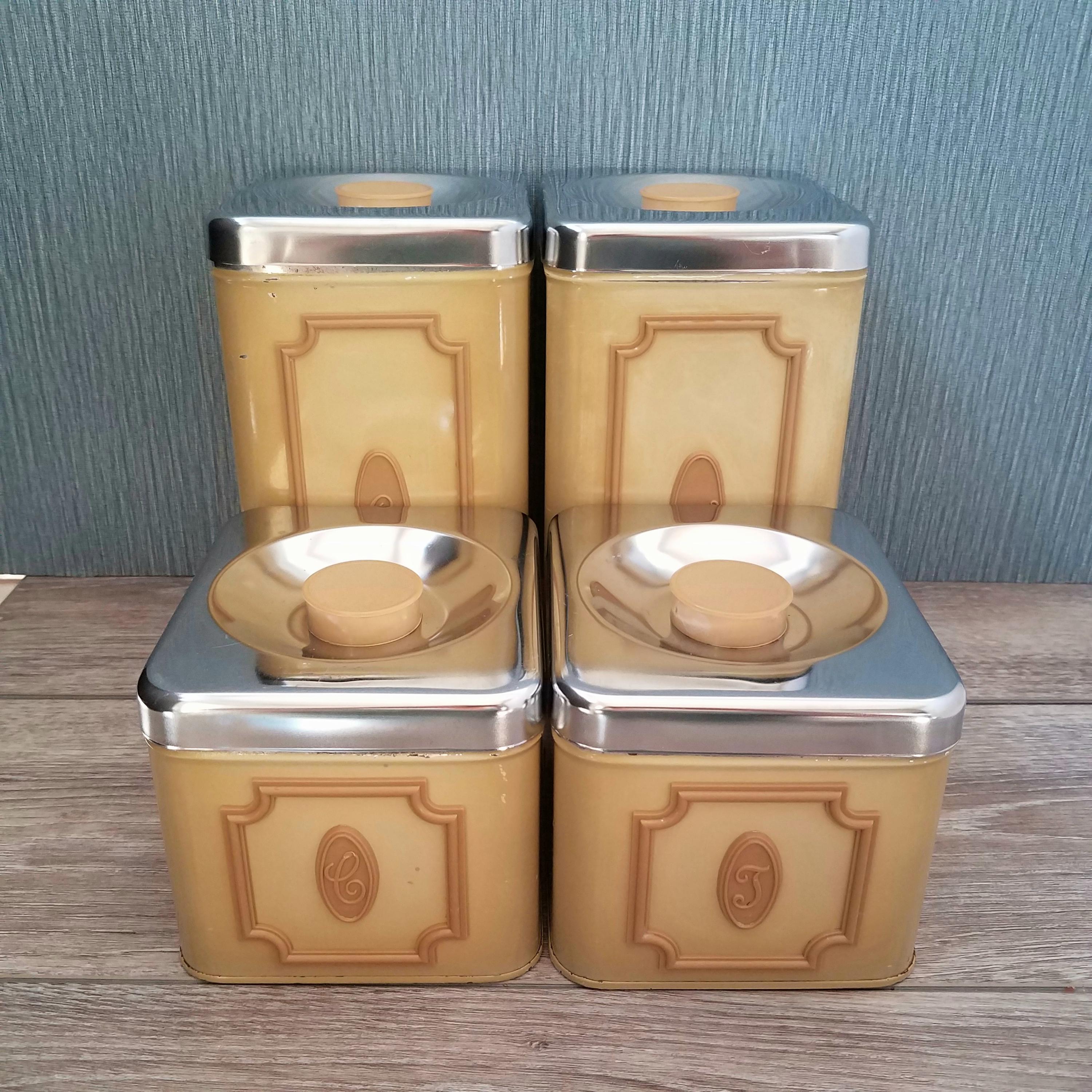 ヴィンテージ1970年代 EKCO カナダ製キャニスター&ブレッドケースセット Vintage Ecko Canette Harvest Gold Canister Set, Retro 70s Gold