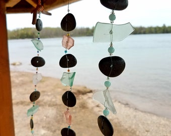 Beach Glass, Driftwood And Beach Stone Wind Spinner.  Suncatcher.  Glass Garland.  Garden Decoration.  Beach Art.