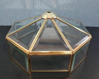 Octagonal Brass and Beveled Glass Panels Flush Mount Ceiling Light Cover, Like New, Leaded Glass Ceiling Dome