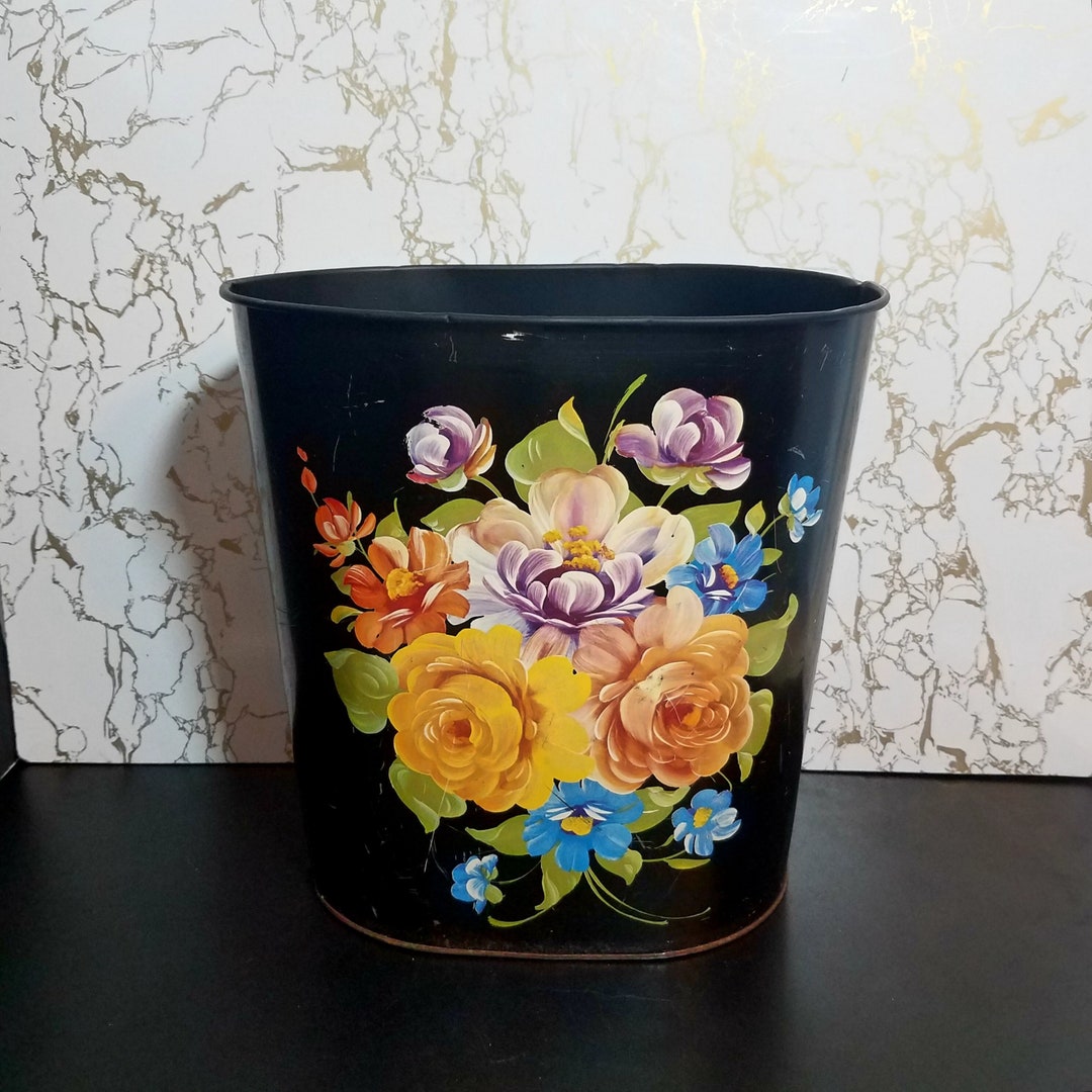 Vintage Black Metal Waste Basket With Colorful Flowers Etsy