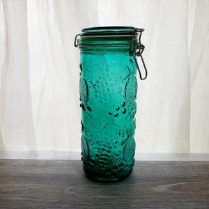 10 Inch Teal Green Glass Pasta Jar with Bail Lid, Raised Fruit Design, Green Apothecary Jar, Green Glass Canister Jar with Wire Clasp
