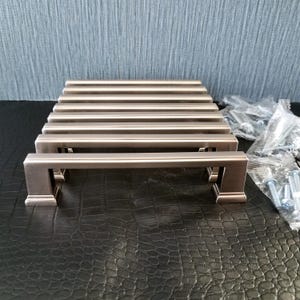 Set of 8, Nickle Chrome Drawer Pulls with Beveled Edges, New/Unused, 5 Inch Hole Spacing, 5 7/8 Inch Solid Metal Cabinet Handles