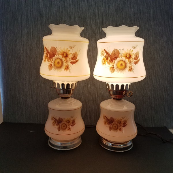 Vintage 1960's Hurricane Lamp with Night Light Base, 2 Bulb Parlor Lamp, Yellow Sunflowers, Double Light Lamp