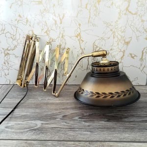 1970s Retro Metal Toleware Accordian Arm Plug In Wall Lamp, Swing Arm Wall Lamp, Scissor Arm Wall Lamp