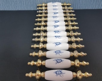Set of 13, Vintage Ceramic and Brass Drawer Pulls with Blue Flowers,  3 Inch Hole Spacing, 4.75 Inch Cabinet Handles
