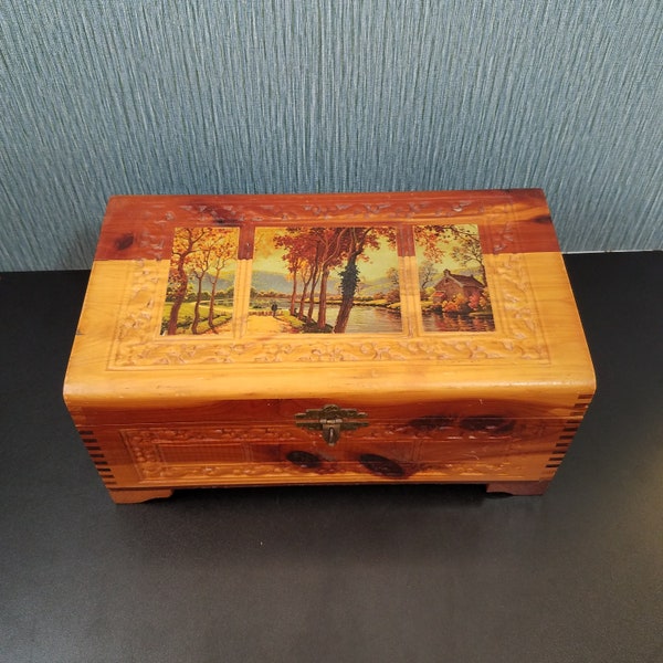 Vintage Carved Cedar Jewelry Box with Pictural Lake Scene, Mirrored Jewelry Box with Brass Clasp