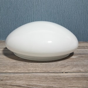 May include: A white, oval-shaped glass light fixture. The fixture has a smooth, glossy surface and a slightly rounded base. The background is a textured blue wall and a wooden surface.