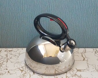 Vintage Chrome Whistling Teakettle, 2 Quart Red Button Tea Kettle, Copco