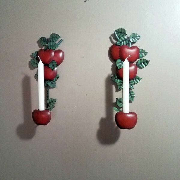 Set of 2, 80's Hanging Apple Candle Wall Sconce, Metal Apple Wall Candle Holders