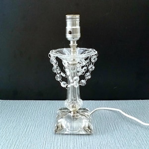 Small Glass Table Lamp With Hanging Crystal Swags, Glass Bedroom Lamp with Ring Dish, 1940's Boudoir Lamp