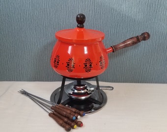 Retro Vintage Orange Aluminum Fondue Set, 70's Fondue Pot, Alcohol Burner Fondue Pot