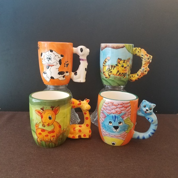 Set of 4, Hand Painted Animal Mugs with 3D Handles, Figurine Coffee Mugs, Tiger, Giraffe, Dog and Cat,