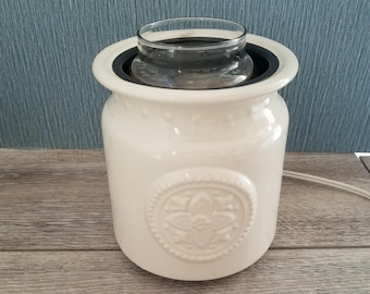 Large White Jar Candle Crock with Floral Medallion,  Electric Ceramic Jar Candle Warmer