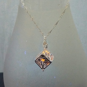 Silver Cube Locket with Tiny Yooperlite Inside.  FREE 365nm UV Keychain Viewing Light.  Fluorescent Sodalite.